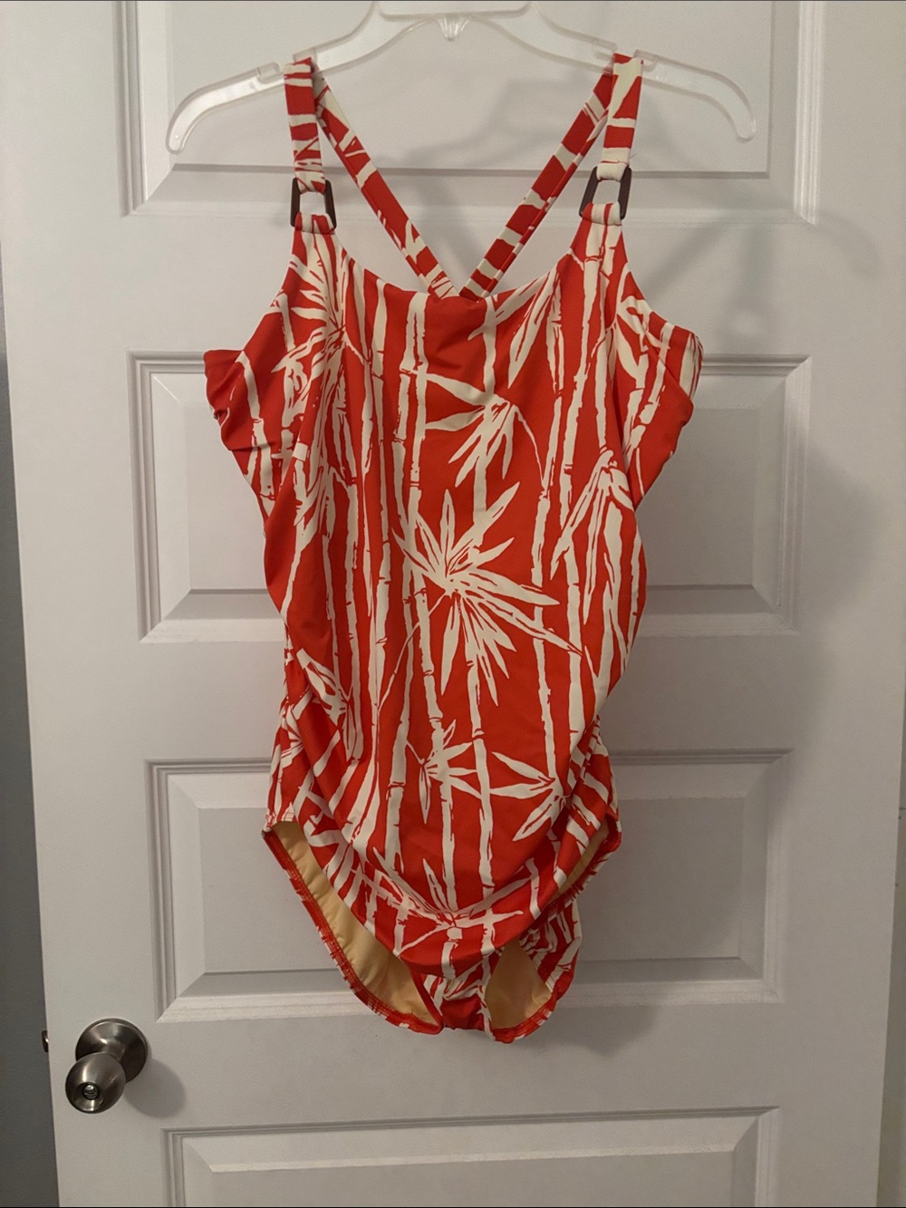 Lands' End Orange & White Bamboo design One-Piece Swimsuit SZ 18 ruched NWOT